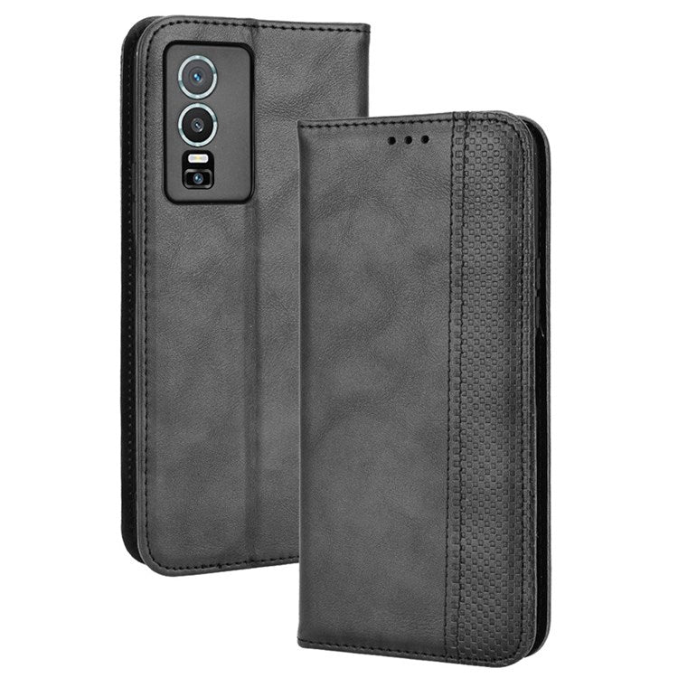 For vivo Y76 5G Mosaic Imprinted Retro Leather Magnetic Auto Closing Flip Case Stand Wallet Phone Cover - Black