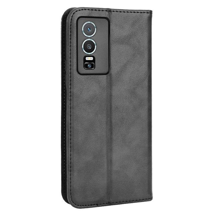 For vivo Y76 5G Mosaic Imprinted Retro Leather Magnetic Auto Closing Flip Case Stand Wallet Phone Cover - Black