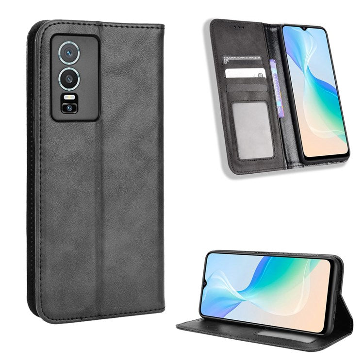 For vivo Y76 5G Mosaic Imprinted Retro Leather Magnetic Auto Closing Flip Case Stand Wallet Phone Cover - Black