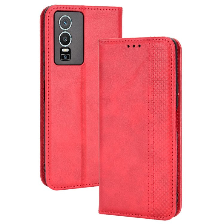 For vivo Y76 5G Mosaic Imprinted Retro Leather Magnetic Auto Closing Flip Case Stand Wallet Phone Cover - Red