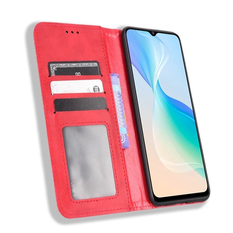 For vivo Y76 5G Mosaic Imprinted Retro Leather Magnetic Auto Closing Flip Case Stand Wallet Phone Cover - Red