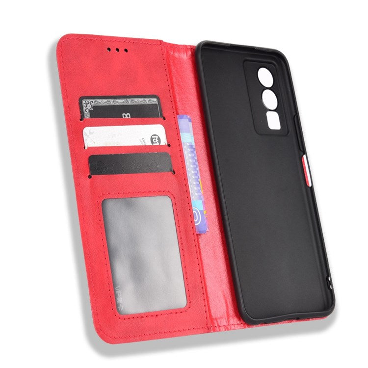 For vivo Y76 5G Mosaic Imprinted Retro Leather Magnetic Auto Closing Flip Case Stand Wallet Phone Cover - Red