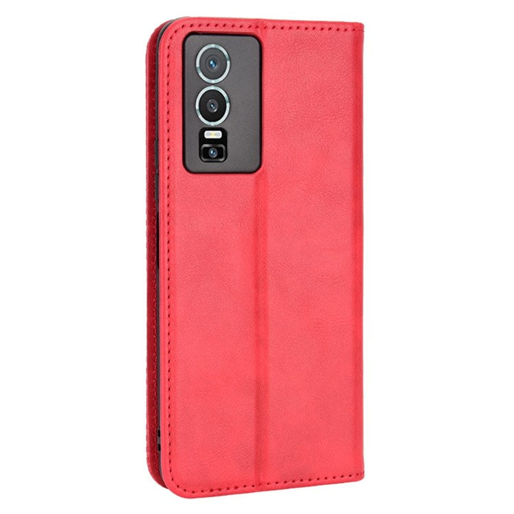 For vivo Y76 5G Mosaic Imprinted Retro Leather Magnetic Auto Closing Flip Case Stand Wallet Phone Cover - Red