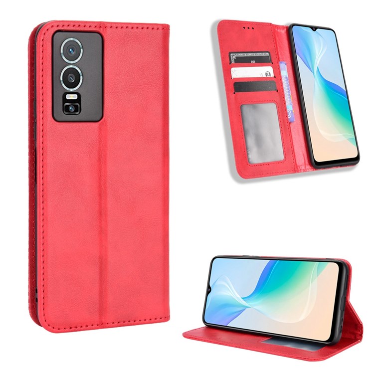 For vivo Y76 5G Mosaic Imprinted Retro Leather Magnetic Auto Closing Flip Case Stand Wallet Phone Cover - Red