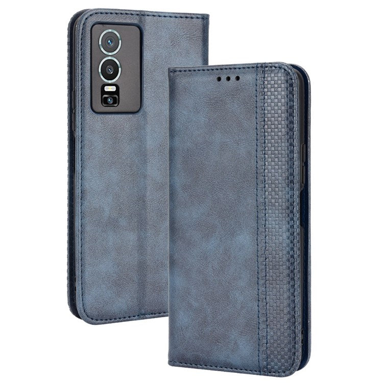 For vivo Y76 5G Mosaic Imprinted Retro Leather Magnetic Auto Closing Flip Case Stand Wallet Phone Cover - Blue