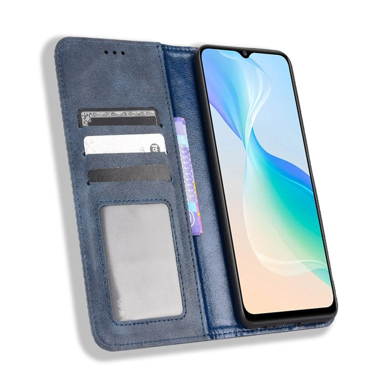 For vivo Y76 5G Mosaic Imprinted Retro Leather Magnetic Auto Closing Flip Case Stand Wallet Phone Cover - Blue