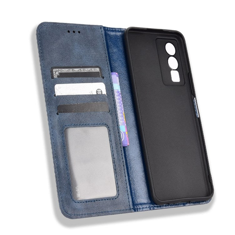 For vivo Y76 5G Mosaic Imprinted Retro Leather Magnetic Auto Closing Flip Case Stand Wallet Phone Cover - Blue