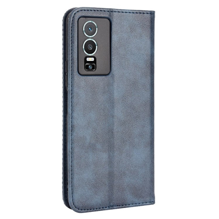 For vivo Y76 5G Mosaic Imprinted Retro Leather Magnetic Auto Closing Flip Case Stand Wallet Phone Cover - Blue