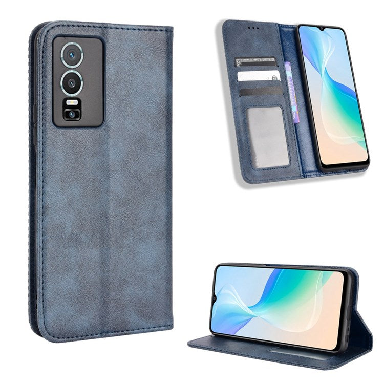 For vivo Y76 5G Mosaic Imprinted Retro Leather Magnetic Auto Closing Flip Case Stand Wallet Phone Cover - Blue