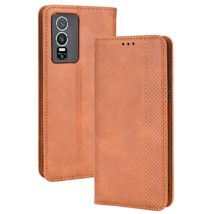 For vivo Y76 5G Mosaic Imprinted Retro Leather Magnetic Auto Closing Flip Case Stand Wallet Phone Cover - Brown