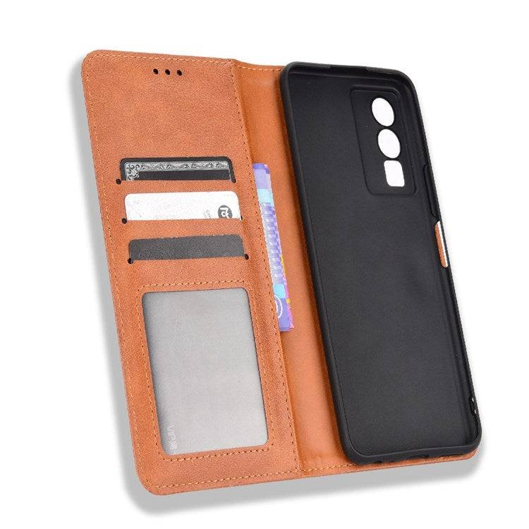 For vivo Y76 5G Mosaic Imprinted Retro Leather Magnetic Auto Closing Flip Case Stand Wallet Phone Cover - Brown