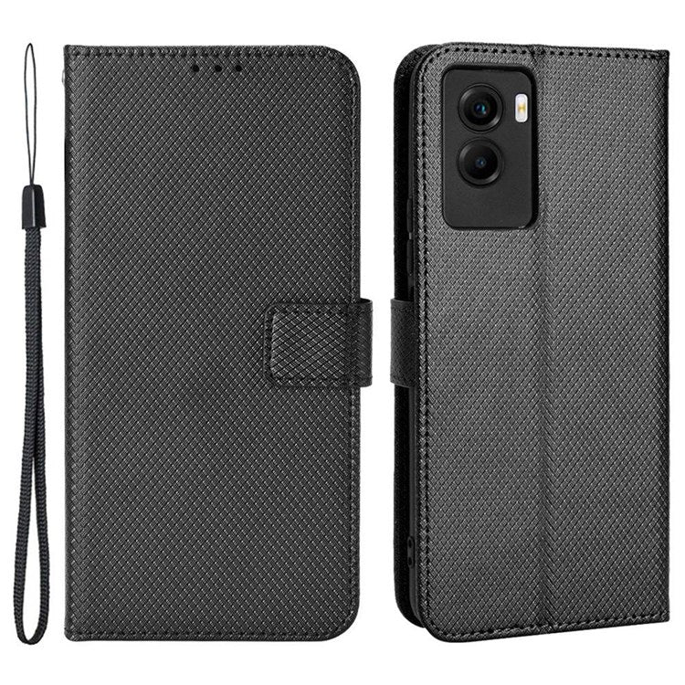 Diamond Texture Phone Case for vivo Y55s 5G, Wallet Stand Magnetic Clasp PU Leather Cover - Black