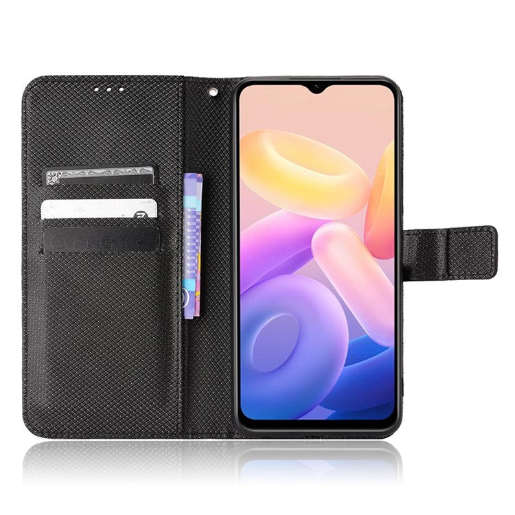 Diamond Texture Phone Case for vivo Y55s 5G, Wallet Stand Magnetic Clasp PU Leather Cover - Black