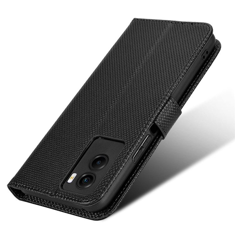 Diamond Texture Phone Case for vivo Y55s 5G, Wallet Stand Magnetic Clasp PU Leather Cover - Black