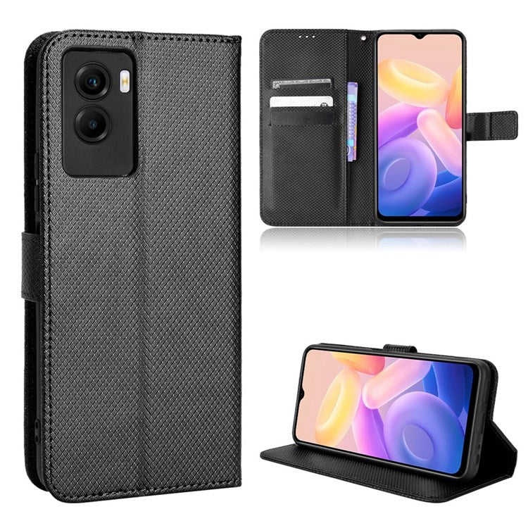 Diamond Texture Phone Case for vivo Y55s 5G, Wallet Stand Magnetic Clasp PU Leather Cover - Black