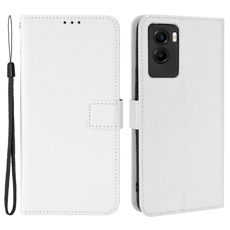 Diamond Texture Phone Case for vivo Y55s 5G, Wallet Stand Magnetic Clasp PU Leather Cover - White