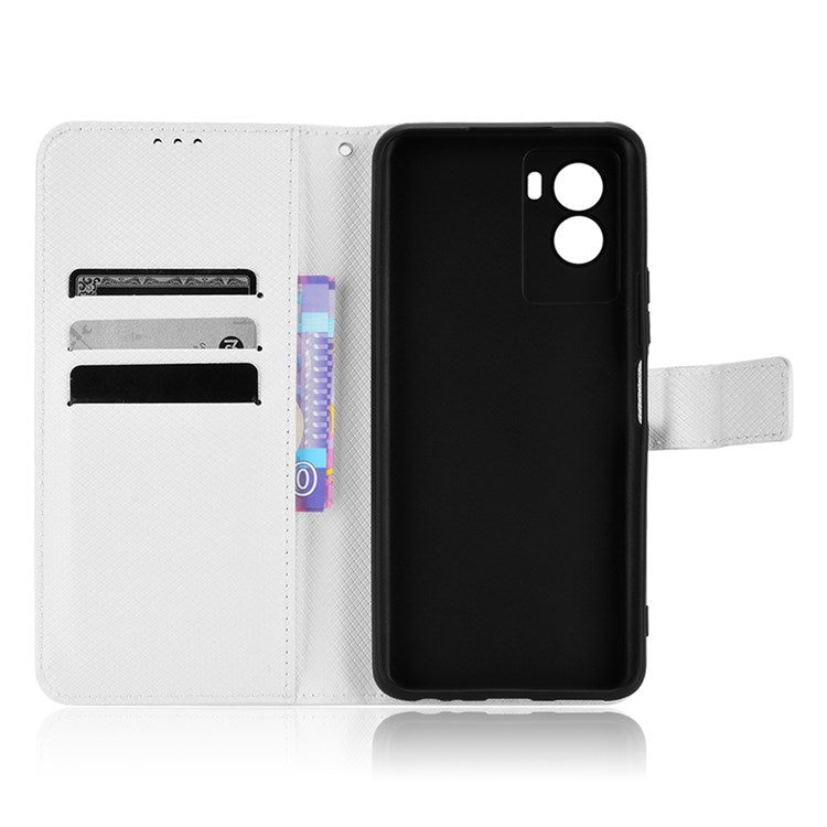 Diamond Texture Phone Case for vivo Y55s 5G, Wallet Stand Magnetic Clasp PU Leather Cover - White