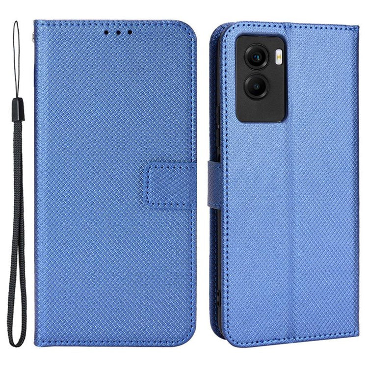 Diamond Texture Phone Case for vivo Y55s 5G, Wallet Stand Magnetic Clasp PU Leather Cover - Blue