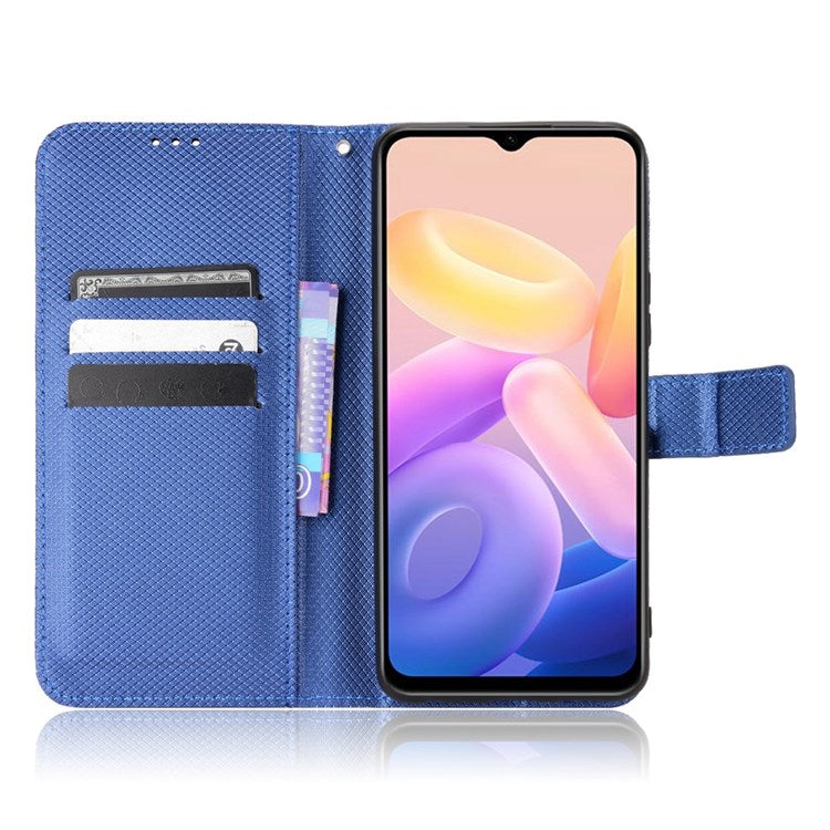 Diamond Texture Phone Case for vivo Y55s 5G, Wallet Stand Magnetic Clasp PU Leather Cover - Blue