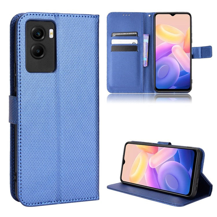 Diamond Texture Phone Case for vivo Y55s 5G, Wallet Stand Magnetic Clasp PU Leather Cover - Blue