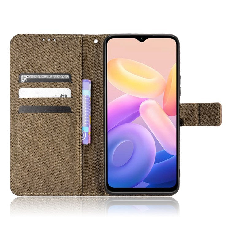 Diamond Texture Phone Case for vivo Y55s 5G, Wallet Stand Magnetic Clasp PU Leather Cover - Brown