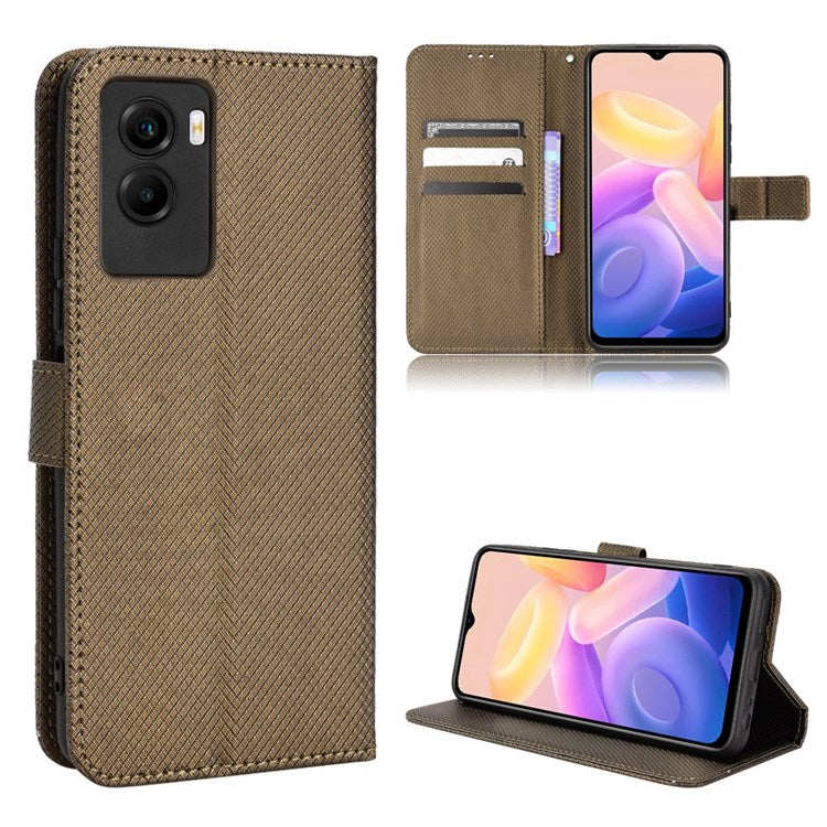 Diamond Texture Phone Case for vivo Y55s 5G, Wallet Stand Magnetic Clasp PU Leather Cover - Brown