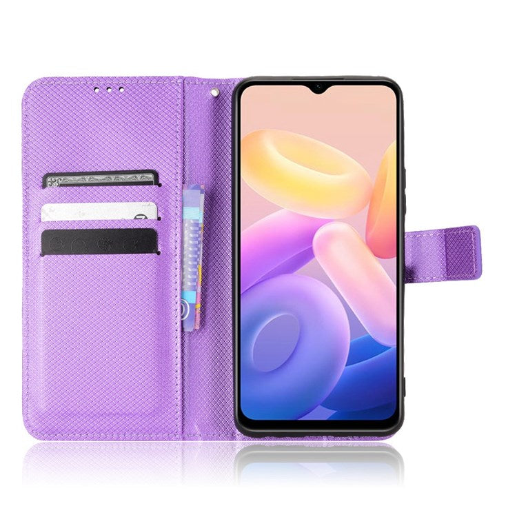 Diamond Texture Phone Case for vivo Y55s 5G, Wallet Stand Magnetic Clasp PU Leather Cover - Purple