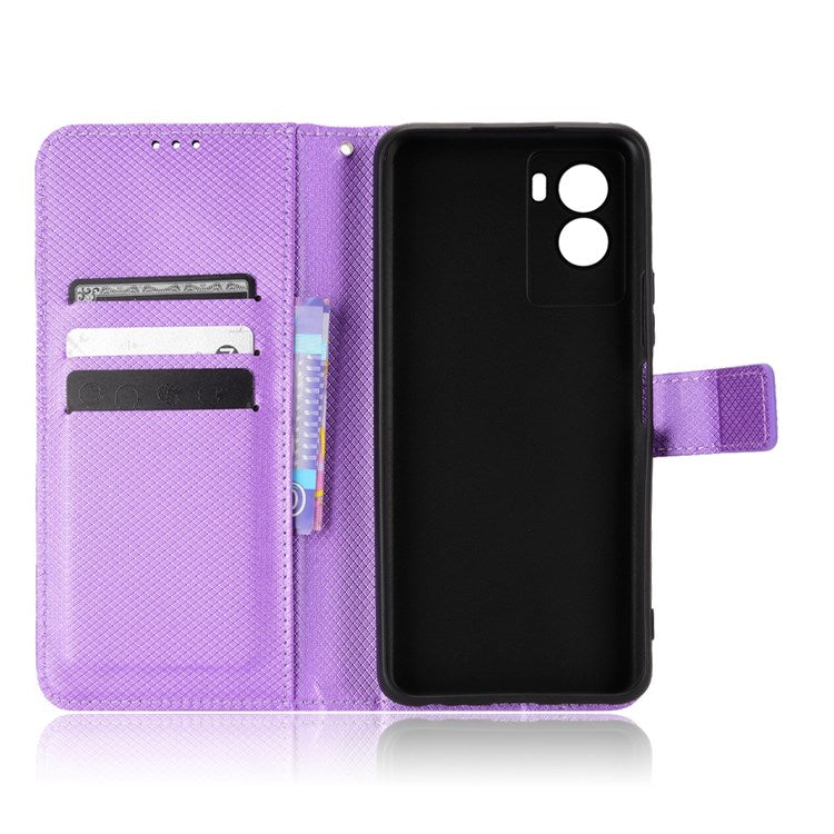 Diamond Texture Phone Case for vivo Y55s 5G, Wallet Stand Magnetic Clasp PU Leather Cover - Purple