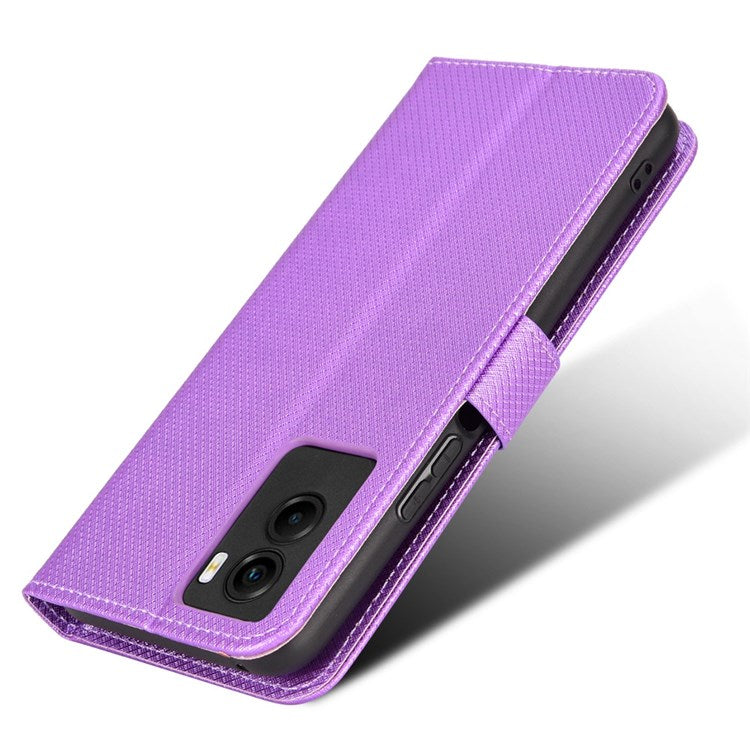 Diamond Texture Phone Case for vivo Y55s 5G, Wallet Stand Magnetic Clasp PU Leather Cover - Purple