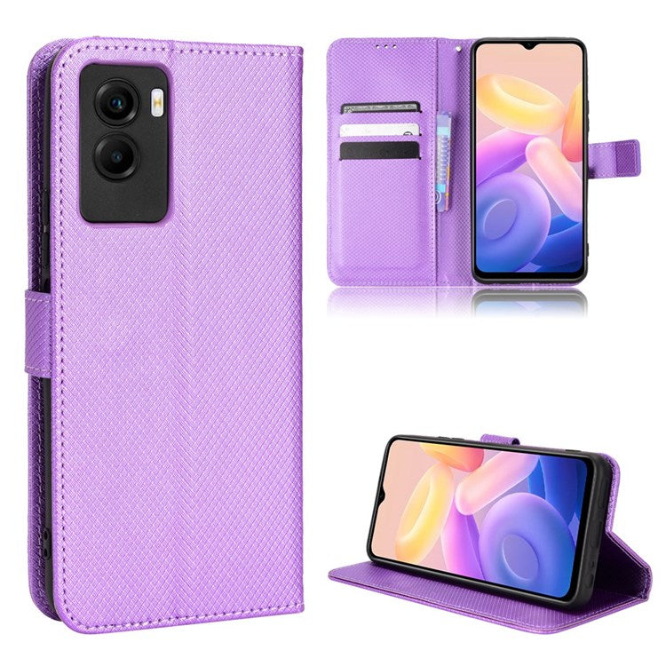 Diamond Texture Phone Case for vivo Y55s 5G, Wallet Stand Magnetic Clasp PU Leather Cover - Purple