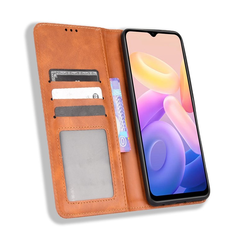 For vivo Y55s 5G Mosaic Imprinted Retro Leather + TPU Magnetic Auto Closing Phone Case with Stand Wallet - Brown