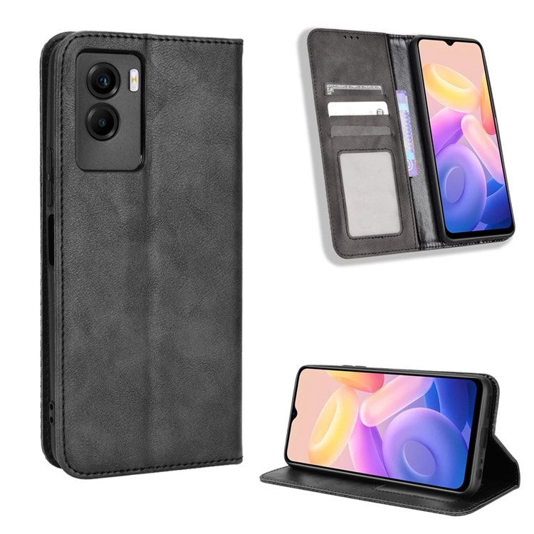 For vivo Y55s 5G Mosaic Imprinted Retro Leather + TPU Magnetic Auto Closing Phone Case with Stand Wallet - Black