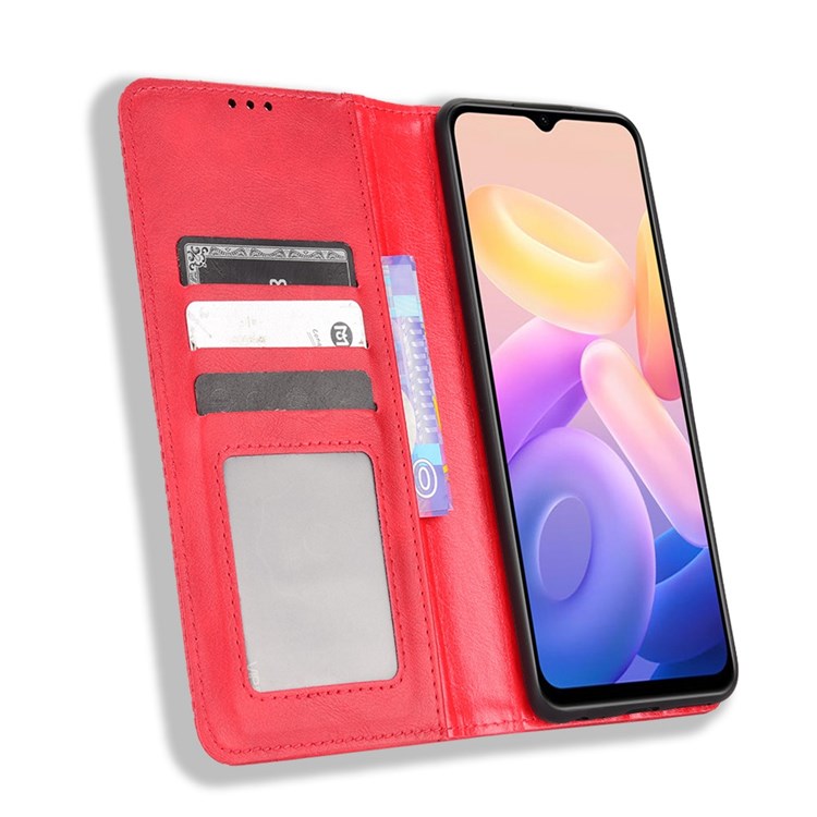 For vivo Y55s 5G Mosaic Imprinted Retro Leather + TPU Magnetic Auto Closing Phone Case with Stand Wallet - Red