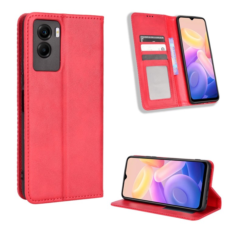 For vivo Y55s 5G Mosaic Imprinted Retro Leather + TPU Magnetic Auto Closing Phone Case with Stand Wallet - Red