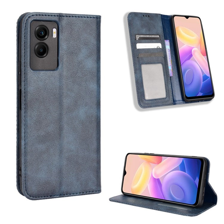 For vivo Y55s 5G Mosaic Imprinted Retro Leather + TPU Magnetic Auto Closing Phone Case with Stand Wallet - Blue