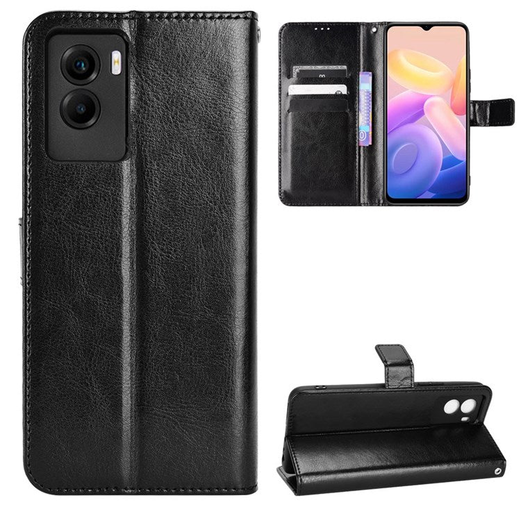 For vivo Y55s 5G Anti-fall Split Leather Wallet Style Phone Case Crazy Horse Texture Stand Full Protection Phone Shell - Black