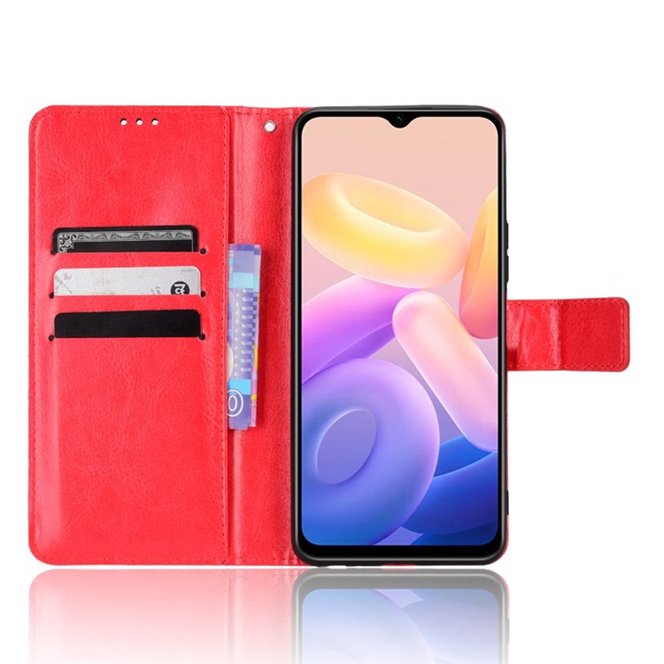 For vivo Y55s 5G Anti-fall Split Leather Wallet Style Phone Case Crazy Horse Texture Stand Full Protection Phone Shell - Red