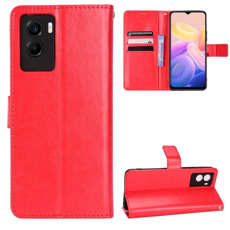 For vivo Y55s 5G Anti-fall Split Leather Wallet Style Phone Case Crazy Horse Texture Stand Full Protection Phone Shell - Red