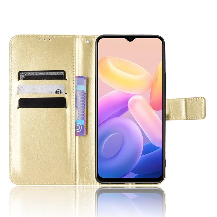 For vivo Y55s 5G Anti-fall Split Leather Wallet Style Phone Case Crazy Horse Texture Stand Full Protection Phone Shell - Gold