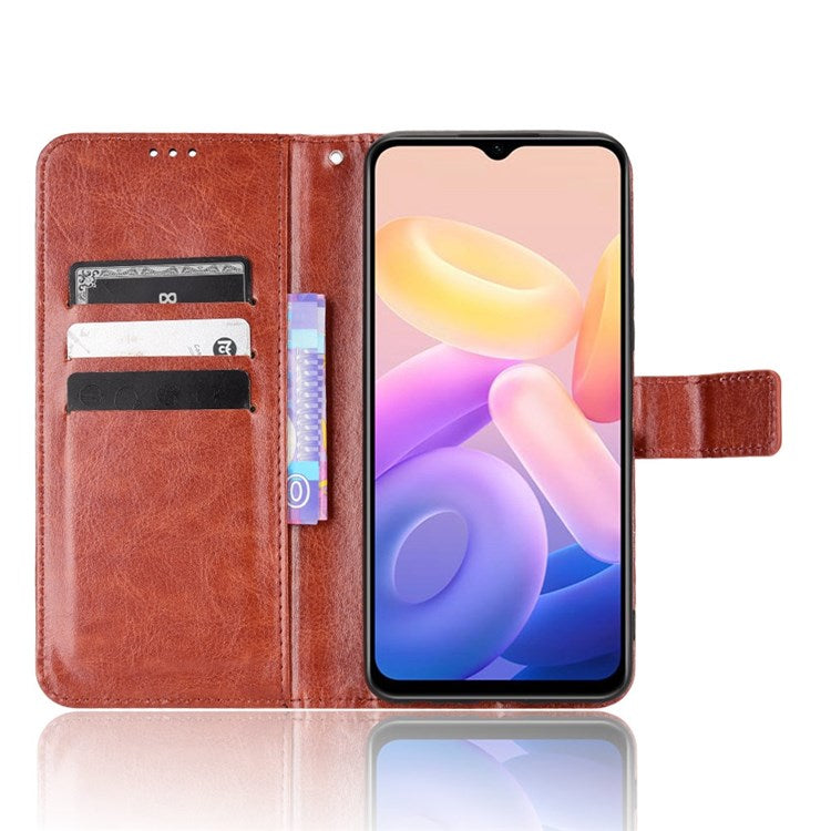 For vivo Y55s 5G Anti-fall Split Leather Wallet Style Phone Case Crazy Horse Texture Stand Full Protection Phone Shell - Brown