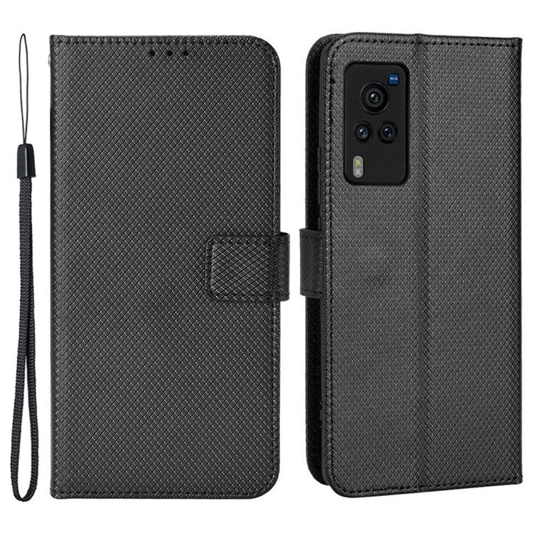 Diamond Texture Case for vivo X60 Pro 5G (Global)/X60 5G, PU Leather Anti-drop Wallet Stand Phone Cover - Black