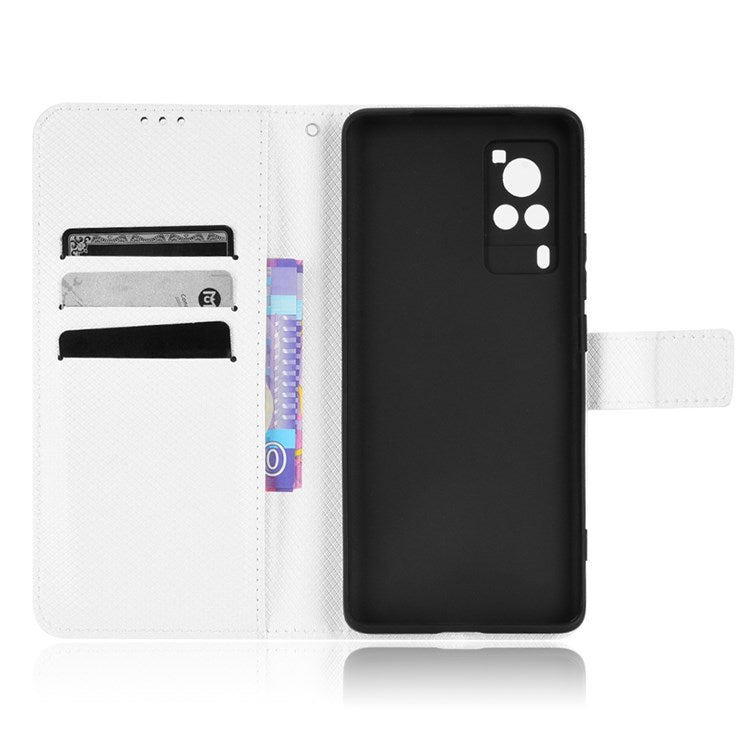 Diamond Texture Case for vivo X60 Pro 5G (Global)/X60 5G, PU Leather Anti-drop Wallet Stand Phone Cover - White