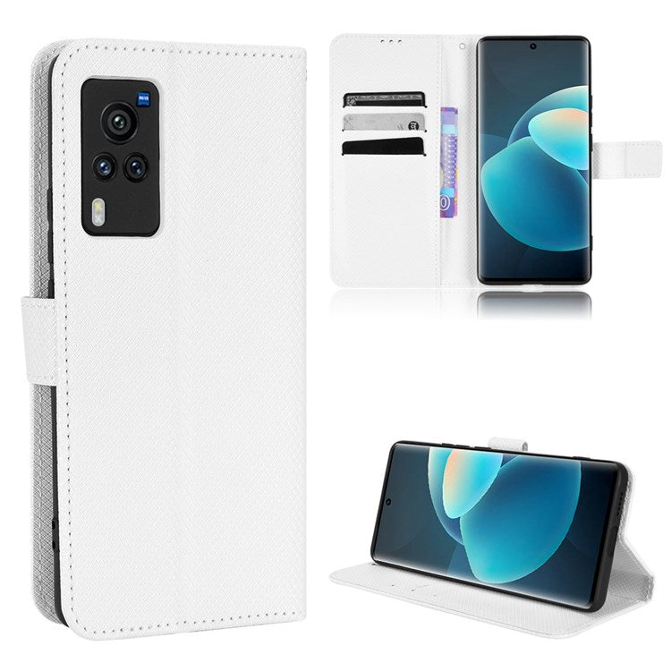 Diamond Texture Case for vivo X60 Pro 5G (Global)/X60 5G, PU Leather Anti-drop Wallet Stand Phone Cover - White