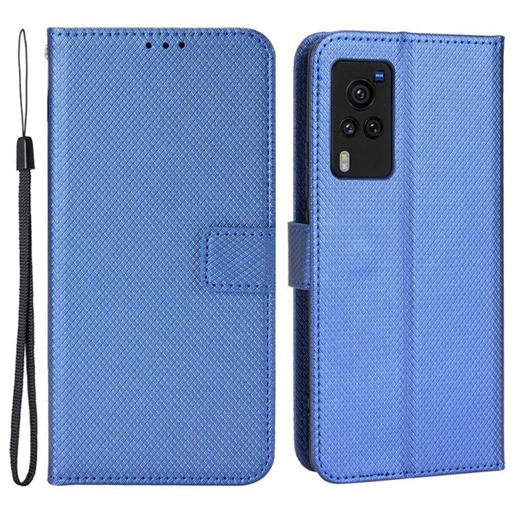 Diamond Texture Case for vivo X60 Pro 5G (Global)/X60 5G, PU Leather Anti-drop Wallet Stand Phone Cover - Blue