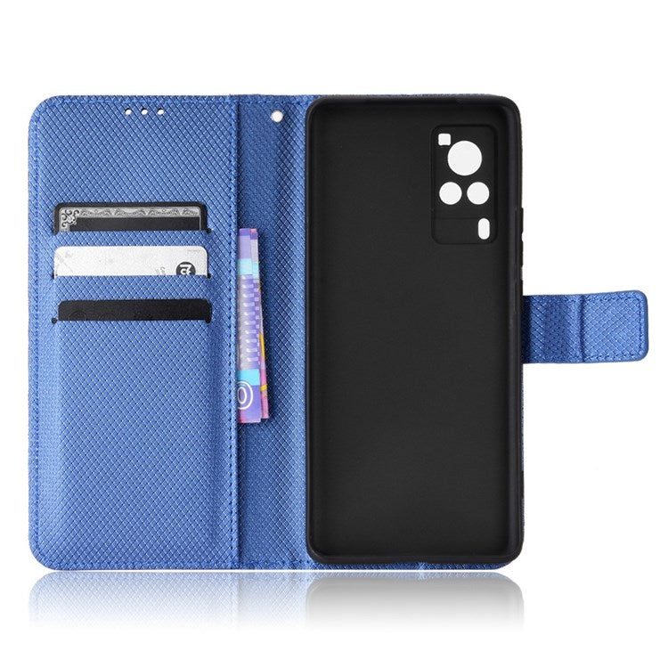 Diamond Texture Case for vivo X60 Pro 5G (Global)/X60 5G, PU Leather Anti-drop Wallet Stand Phone Cover - Blue