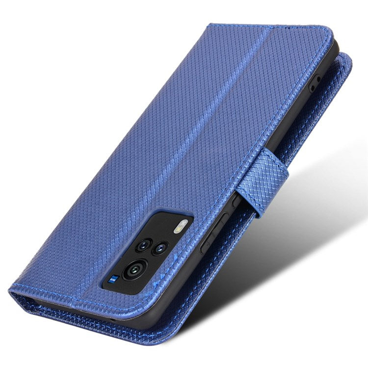 Diamond Texture Case for vivo X60 Pro 5G (Global)/X60 5G, PU Leather Anti-drop Wallet Stand Phone Cover - Blue