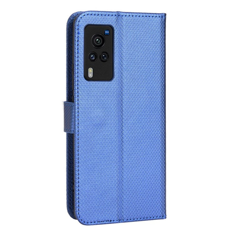 Diamond Texture Case for vivo X60 Pro 5G (Global)/X60 5G, PU Leather Anti-drop Wallet Stand Phone Cover - Blue