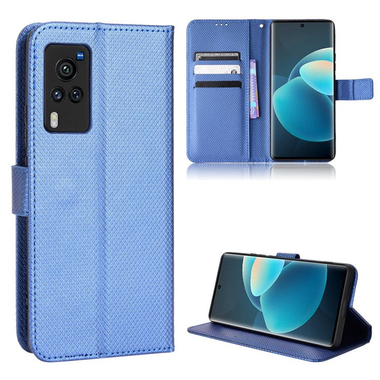 Diamond Texture Case for vivo X60 Pro 5G (Global)/X60 5G, PU Leather Anti-drop Wallet Stand Phone Cover - Blue