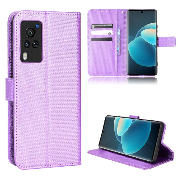 Diamond Texture Case for vivo X60 Pro 5G (Global)/X60 5G, PU Leather Anti-drop Wallet Stand Phone Cover - Purple