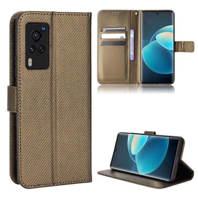 Diamond Texture Case for vivo X60 Pro 5G (Global)/X60 5G, PU Leather Anti-drop Wallet Stand Phone Cover - Brown